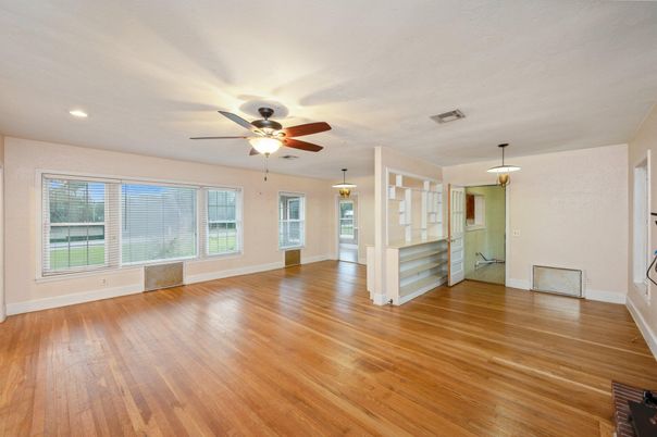 Empty room, Interior, Pendant Lights, Recessed Lighting, Wood Texture Flooring