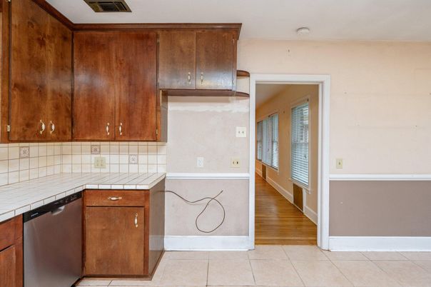 Interior, Kitchen, Tile Countertops, Wood Texture Flooring