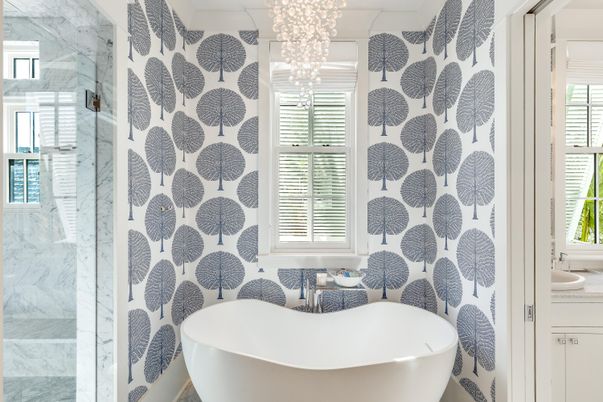 Bathroom, Free Standing Baths, Interior, Marble Walls, Pendant Lights