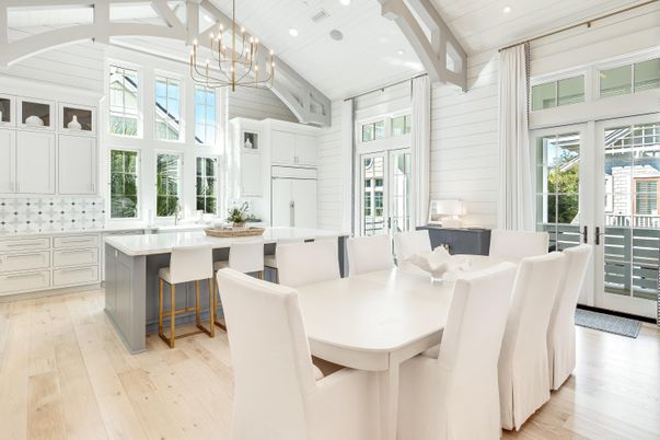 Dining room, Interior, Kitchen, Pendant Lights, Recessed Lighting, Wood Texture Flooring