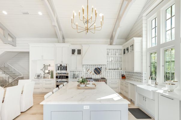 Chandelier, Interior, Kitchen, Recessed Lighting, Stainless Steel Appliances, Wood Texture Flooring