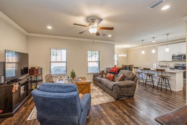 Dining room, Interior, Kitchen, Living room, Pendant Lights, Recessed Lighting, Stainless Steel Appliances, Wood Texture Flooring