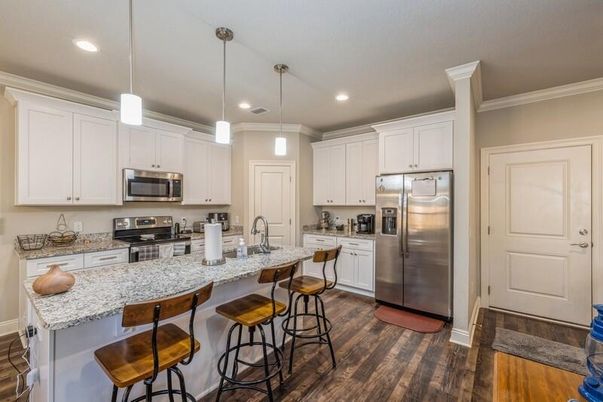 Interior, Kitchen, Pendant Lights, Recessed Lighting, Stainless Steel Appliances, Wood Texture Flooring
