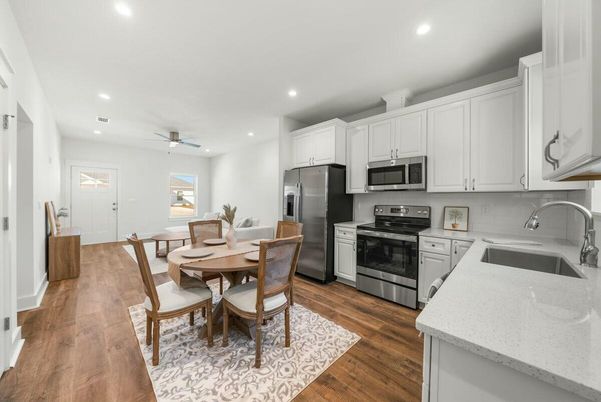 Dining room, Interior, Kitchen, Recessed Lighting, Stainless Steel Appliances, Wood Texture Flooring
