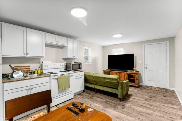 Interior, Kitchen, Living room, Recessed Lighting, Wood Texture Flooring