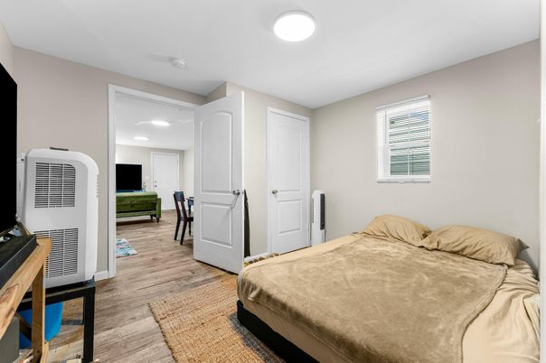 Bedroom, Interior, Recessed Lighting, Wood Texture Flooring