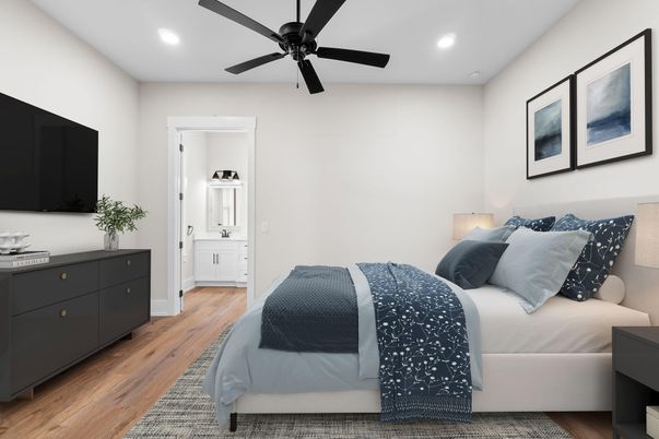 Bedroom, Interior, Recessed Lighting, Wood Texture Flooring