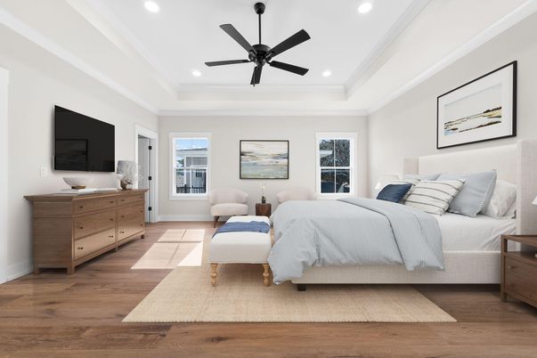 Bedroom, Interior, Recessed Lighting, Wood Texture Flooring