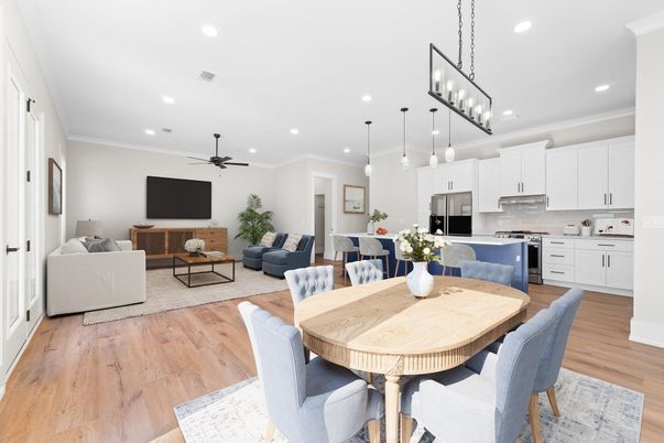 Dining room, Interior, Kitchen, Living room, Pendant Lights, Recessed Lighting, Stainless Steel Appliances, Wood Texture Flooring