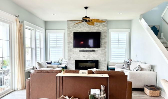 Fireplace, Interior, Living room, Recessed Lighting, Stone Walls, Wood Texture Flooring