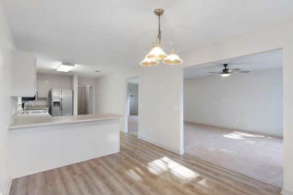 Interior, Kitchen, Pendant Lights, Stainless Steel Appliances, Wood Texture Flooring