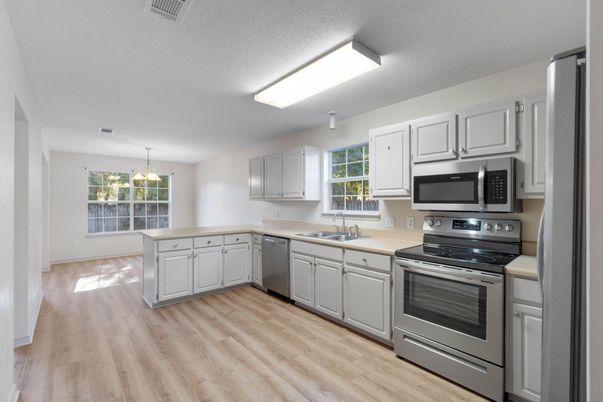 Chandelier, Interior, Kitchen, Stainless Steel Appliances, Wood Texture Flooring