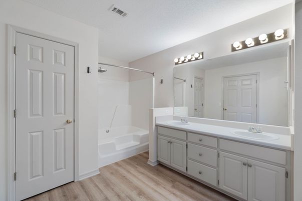 Bathroom, Dual Sink Vanities, Interior, Wood Texture Flooring