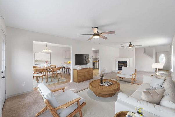 Dining room, Fireplace, Interior, Living room, Pendant Lights
