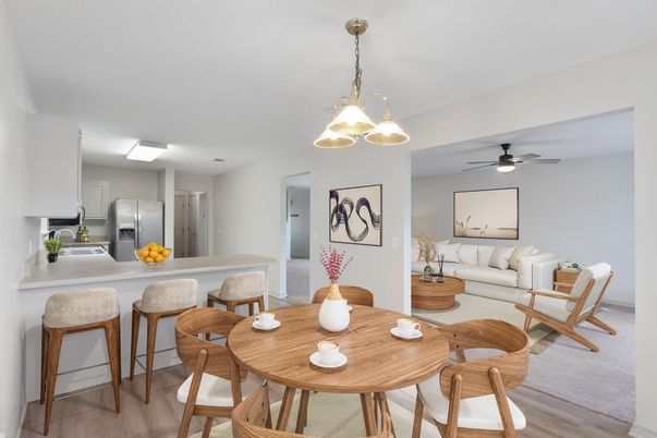 Dining room, Interior, Kitchen, Living room, Pendant Lights, Stainless Steel Appliances, Wood Texture Flooring