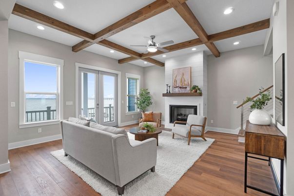 Fireplace, Interior, Living room, Recessed Lighting, Wooden Beams, Wood Texture Flooring