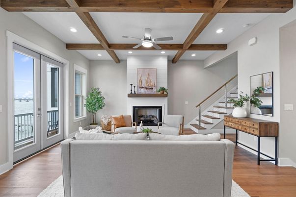 Fireplace, Interior, Living room, Recessed Lighting, Wooden Beams, Wood Texture Flooring