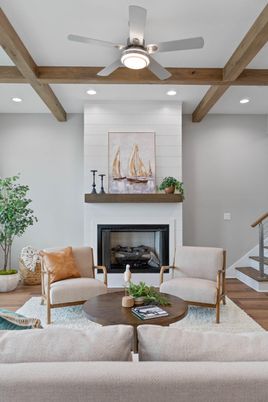 Fireplace, Interior, Living room, Recessed Lighting, Wooden Beams, Wood Texture Flooring