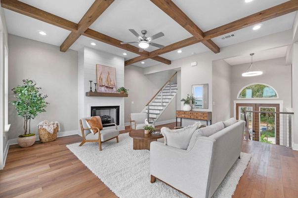 Fireplace, Interior, Living room, Pendant Lights, Recessed Lighting, Wooden Beams, Wood Texture Flooring