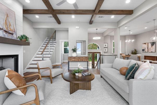 Dining room, Fireplace, Interior, Living room, Pendant Lights, Recessed Lighting, Wooden Beams
