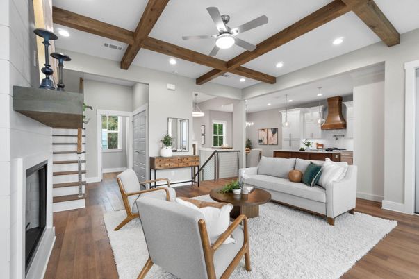 Fireplace, Interior, Kitchen, Living room, Pendant Lights, Recessed Lighting, Wooden Beams, Wood Texture Flooring