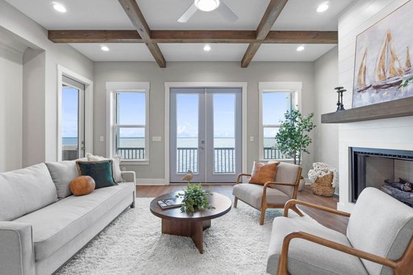 Fireplace, Interior, Living room, Recessed Lighting, Water, Wooden Beams, Wood Texture Flooring