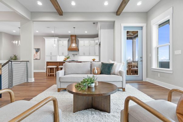 Interior, Kitchen, Living room, Pendant Lights, Recessed Lighting, Wooden Beams, Wood Texture Flooring