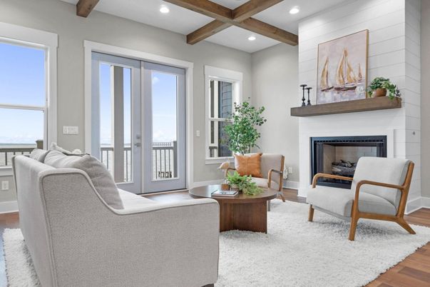 Fireplace, Interior, Living room, Recessed Lighting, Wooden Beams, Wood Texture Flooring