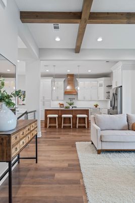 Dining room, Interior, Kitchen, Living room, Pendant Lights, Recessed Lighting, Stainless Steel Appliances, Wooden Beams, Wood Texture Flooring