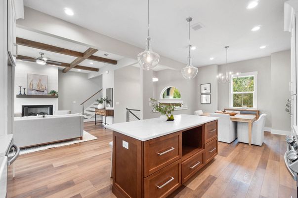 Dining room, Fireplace, Interior, Living room, Pendant Lights, Recessed Lighting, Wooden Beams, Wood Texture Flooring