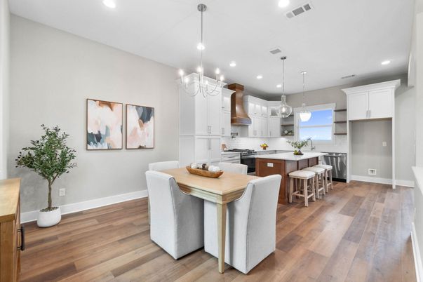 Dining room, Interior, Kitchen, Pendant Lights, Recessed Lighting, Stainless Steel Appliances, Wood Texture Flooring