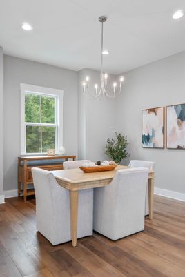 Chandelier, Dining room, Interior, Recessed Lighting, Wood Texture Flooring
