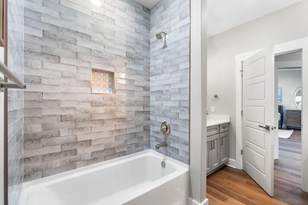Bathroom, Interior, Stone Walls, Wood Texture Flooring