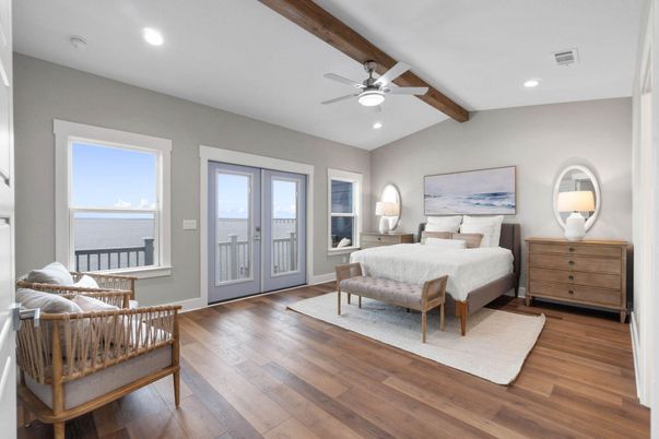 Bedroom, Interior, Recessed Lighting, Water, Wooden Beams, Wood Texture Flooring