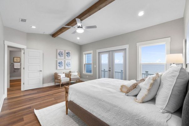 Bedroom, Interior, Recessed Lighting, Water, Wooden Beams, Wood Texture Flooring