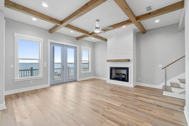 Empty room, Fireplace, Interior, Recessed Lighting, Water, Wooden Beams, Wood Texture Flooring