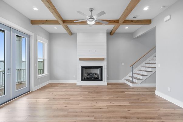 Empty room, Fireplace, Interior, Recessed Lighting, Wooden Beams, Wood Texture Flooring