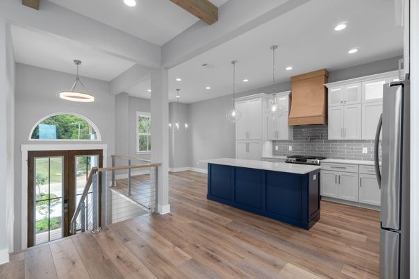 Interior, Kitchen, Pendant Lights, Recessed Lighting, Stainless Steel Appliances, Wooden Beams, Wood Texture Flooring