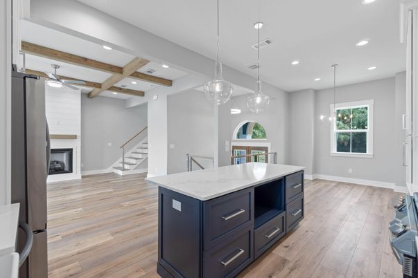 Interior, Kitchen, Pendant Lights, Recessed Lighting, Wooden Beams, Wood Texture Flooring