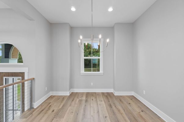 Empty room, Interior, Pendant Lights, Recessed Lighting, Wood Texture Flooring