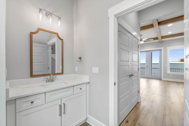 Bathroom, Interior, Recessed Lighting, Wooden Beams, Wood Texture Flooring
