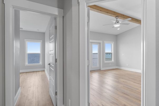 Empty room, Interior, Recessed Lighting, Water, Wooden Beams, Wood Texture Flooring