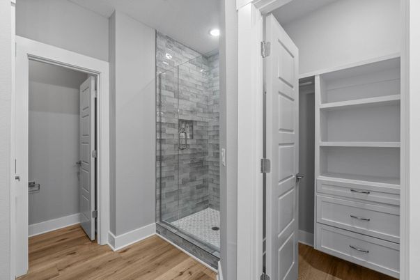 Bathroom, Glass Shower, Interior, Recessed Lighting, Wood Texture Flooring