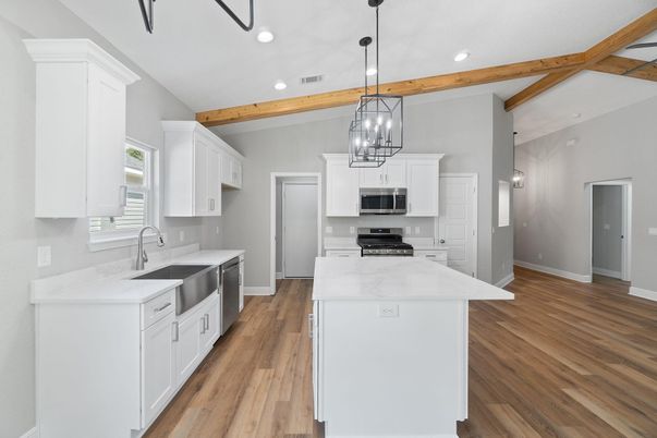Interior, Kitchen, Pendant Lights, Recessed Lighting, Stainless Steel Appliances, Wooden Beams, Wood Texture Flooring