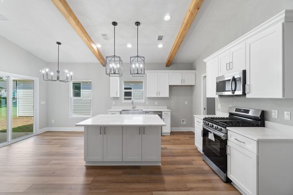 Interior, Kitchen, Pendant Lights, Recessed Lighting, Stainless Steel Appliances, Wooden Beams, Wood Texture Flooring