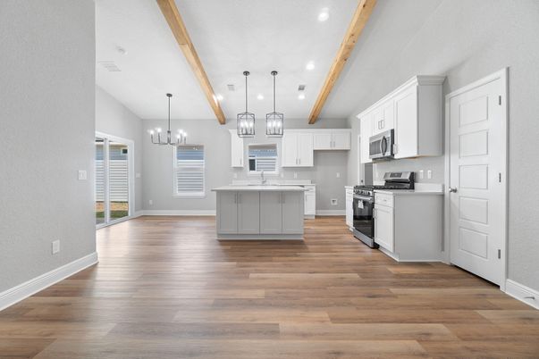 Interior, Kitchen, Pendant Lights, Recessed Lighting, Stainless Steel Appliances, Wooden Beams, Wood Texture Flooring
