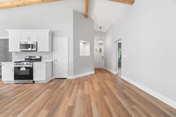 Interior, Kitchen, Pendant Lights, Stainless Steel Appliances, Wooden Beams, Wood Texture Flooring