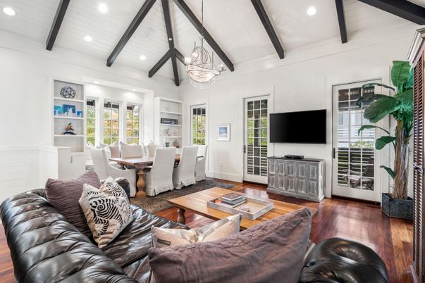 Chandelier, Dining room, Interior, Living room, Recessed Lighting, Wooden Beams, Wood Texture Flooring