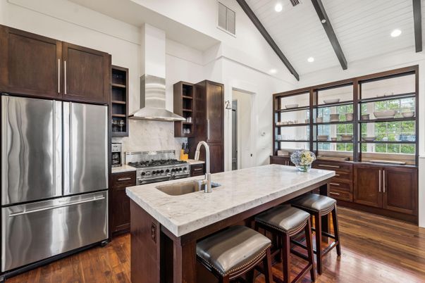 Interior, Kitchen, Recessed Lighting, Stainless Steel Appliances, Wooden Beams, Wood Texture Flooring