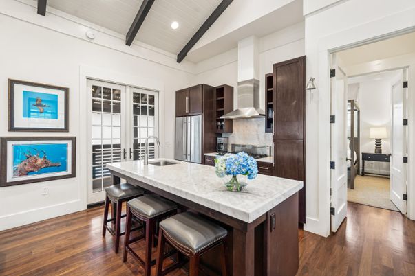 Interior, Kitchen, Recessed Lighting, Stainless Steel Appliances, Wooden Beams, Wood Texture Flooring